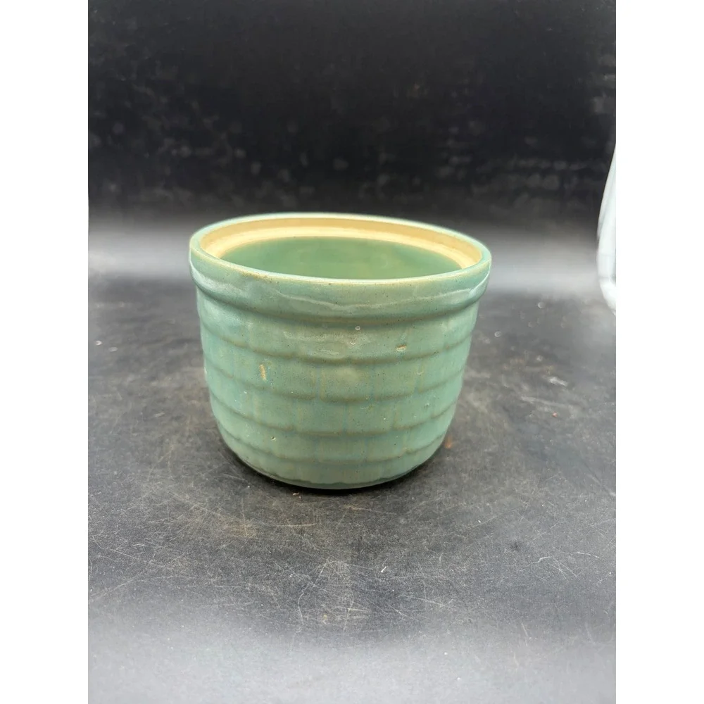 Vintage USA 1 Basketweave Stoneware Crock Sage Green Ceramic Planter Pot